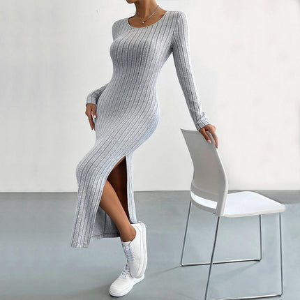 Women's Ribbed knit Crew Neck Long Sleeve Maxi Dress Bodycon Split Long Dress