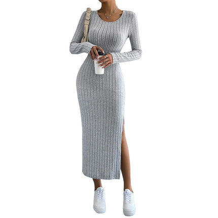 Women's Ribbed knit Crew Neck Long Sleeve Maxi Dress Bodycon Split Long Dress