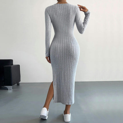 Women's Ribbed knit Crew Neck Long Sleeve Maxi Dress Bodycon Split Long Dress