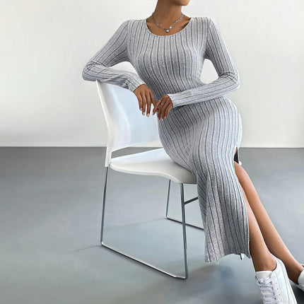 Women's Ribbed knit Crew Neck Long Sleeve Maxi Dress Bodycon Split Long Dress