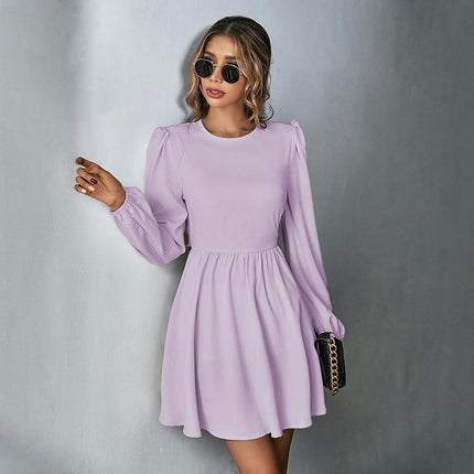 Womens Crew Neck Tie Back Dresses Long Sleeve A-Line Flowy Casual Mini Dress