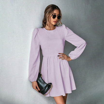 Womens Crew Neck Tie Back Dresses Long Sleeve A-Line Flowy Casual Mini Dress