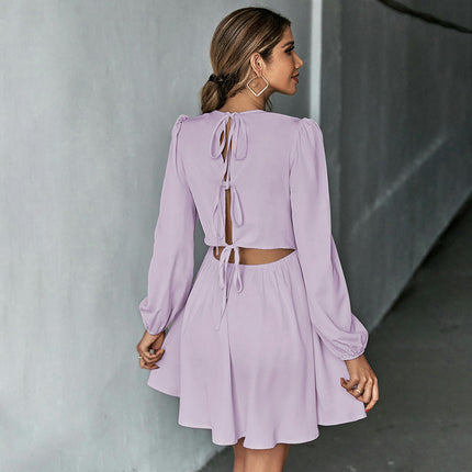 Womens Crew Neck Tie Back Dresses Long Sleeve A-Line Flowy Casual Mini Dress