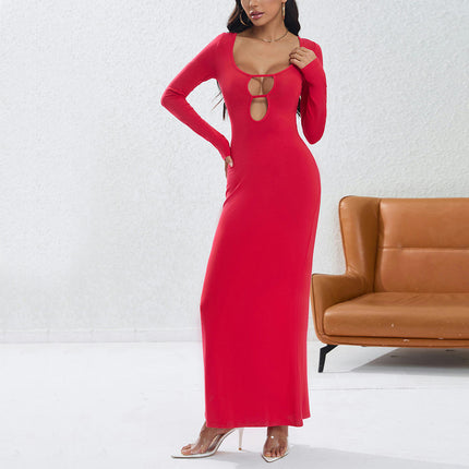 Women's Sexy Long Sleeve Bodycon Maxi Dresses Crew Neck Cut Out Long Dress