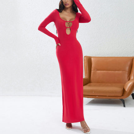 Women's Sexy Long Sleeve Bodycon Maxi Dresses Crew Neck Cut Out Long Dress