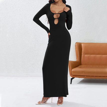 Women's Sexy Long Sleeve Bodycon Maxi Dresses Crew Neck Cut Out Long Dress