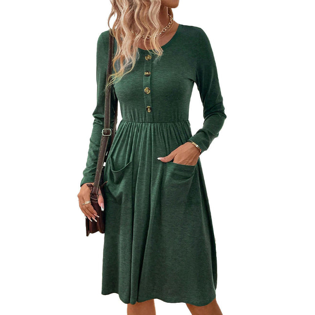 Women's Long Sleeve Dress Button Front Solid Color A Line Knee Length Dresses