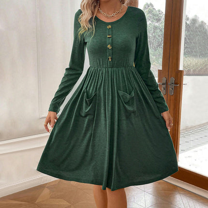 Women's Long Sleeve Dress Button Front Solid Color A Line Knee Length Dresses