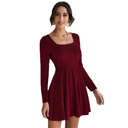 Women Velvet Dress Cocktail Party Square Neck Dresses Long Sleeve A-Line Formal Dresses