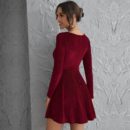 Women Velvet Dress Cocktail Party Square Neck Dresses Long Sleeve A-Line Formal Dresses