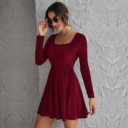 Women Velvet Dress Cocktail Party Square Neck Dresses Long Sleeve A-Line Formal Dresses