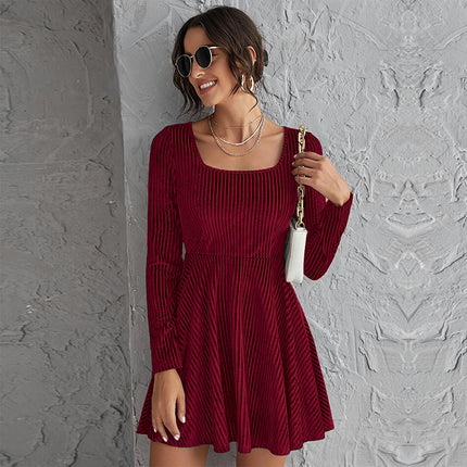 Women Velvet Dress Cocktail Party Square Neck Dresses Long Sleeve A-Line Formal Dresses