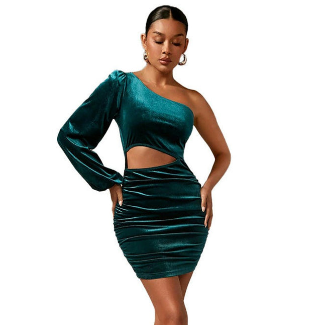 Women's Fall Long Sleeve Velvet Dress One Shoulder Cutout Mini Bodycon Party Dresses