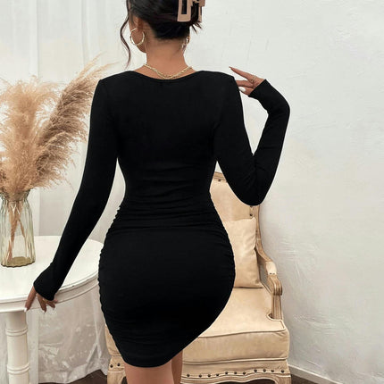 Women's Solid Long Sleeve Sweetheart Neck Bodycon Dress Elegant Slim Fit Mini Dresses