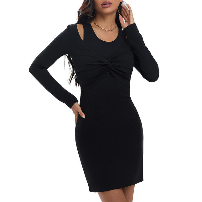 Women's Long Sleeve Bodycon Dress Sexy Crewneck Cutout Twist Knot Ruched Mini Dresses