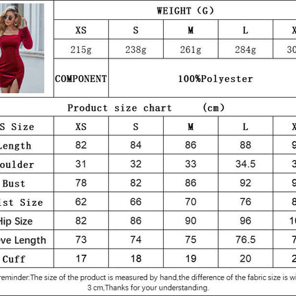 Womens Velvet Cocktail Party Mini Dresses Long Sleeve Square Neck Split Bodycon Dress