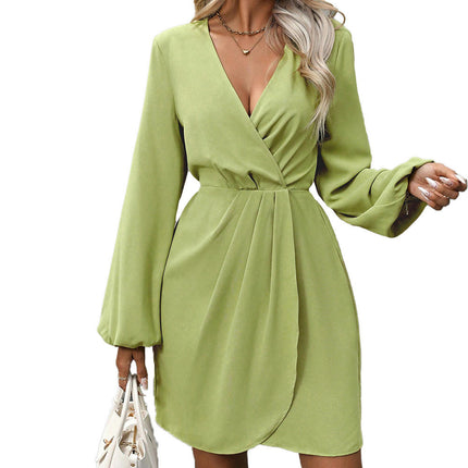 Women's Deep V Neck Long Sleeve Ruched High Waist Slim Fit Mini Dress