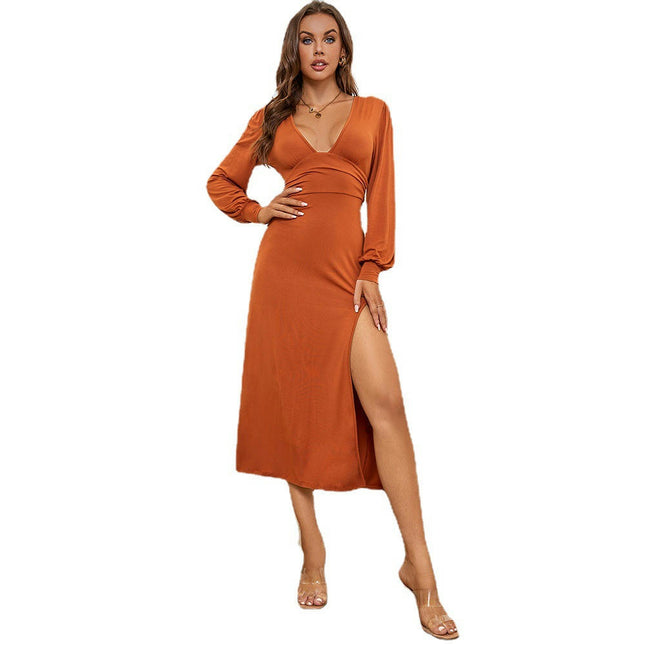 Women's Long Sleeve Dress Sexy Deep V Neck A Line Slit Slim Fitted Midi Dresses