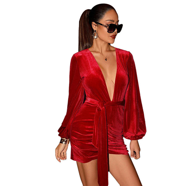 Women's Deep V Neck Velvet Mini Dress Long Sleeve Ruched Bodycon Cocktail Party Dresses