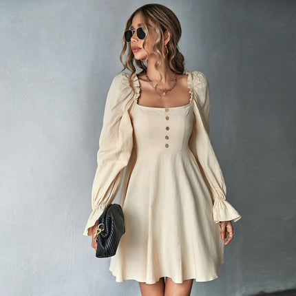 Women's Casual Square Neck Dresses Puff Long Sleeve A Line Flowy Mini Dress