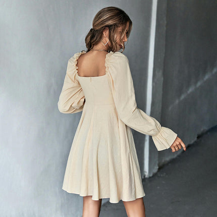 Women's Casual Square Neck Dresses Puff Long Sleeve A Line Flowy Mini Dress