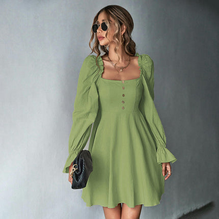 Women's Casual Square Neck Dresses Puff Long Sleeve A Line Flowy Mini Dress