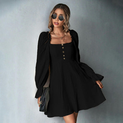 Women's Casual Square Neck Dresses Puff Long Sleeve A Line Flowy Mini Dress