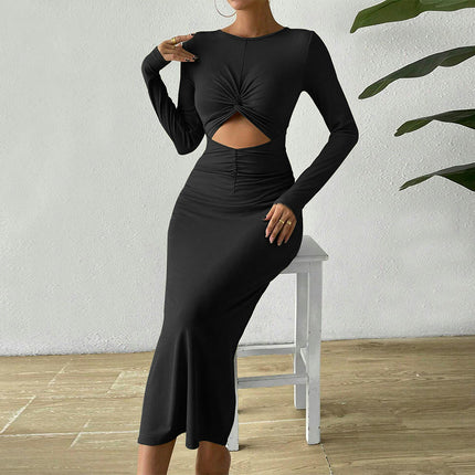 Women's Crew Neck Long Sleeve Midi Dress Twist Front Cutout Bodycon Slit Dresses