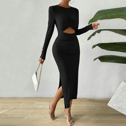 Women's Crew Neck Long Sleeve Midi Dress Twist Front Cutout Bodycon Slit Dresses