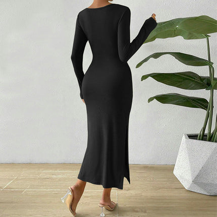 Women's Crew Neck Long Sleeve Midi Dress Twist Front Cutout Bodycon Slit Dresses