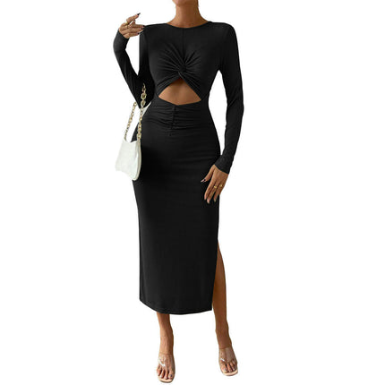 Women's Crew Neck Long Sleeve Midi Dress Twist Front Cutout Bodycon Slit Dresses