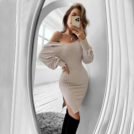 Women's Long Sleeve Crew Neck Dresses Sexy Backless Split Bodycon Mini Dress