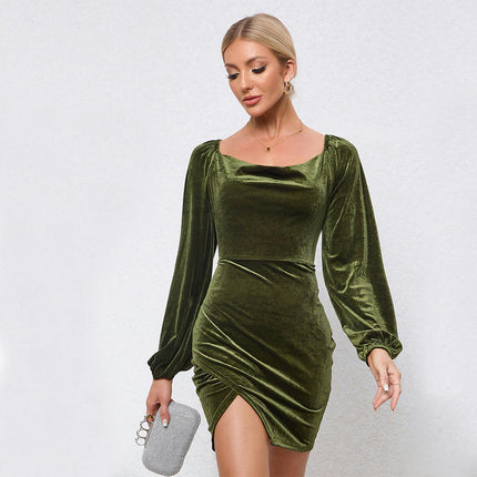 Women's Velvet Sweetheart Neck Long Sleeve Split Dress Ruched Mini Bodycon Dresses