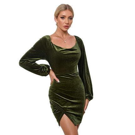 Women's Velvet Sweetheart Neck Long Sleeve Split Dress Ruched Mini Bodycon Dresses