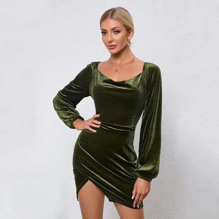 Women's Velvet Sweetheart Neck Long Sleeve Split Dress Ruched Mini Bodycon Dresses