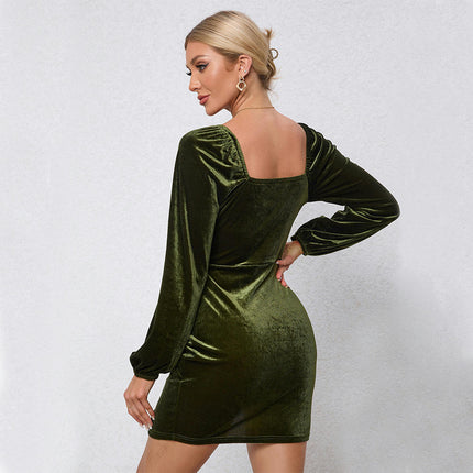 Women's Velvet Sweetheart Neck Long Sleeve Split Dress Ruched Mini Bodycon Dresses