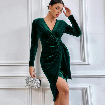 Women's Velvet Dress Long Sleeve V-Neck Wrap Ruched Bodycon Cocktail Evening Midi Dresses