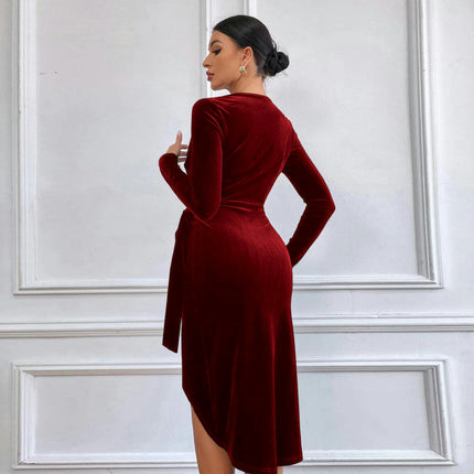 Women's Velvet Dress Long Sleeve V-Neck Wrap Ruched Bodycon Cocktail Evening Midi Dresses