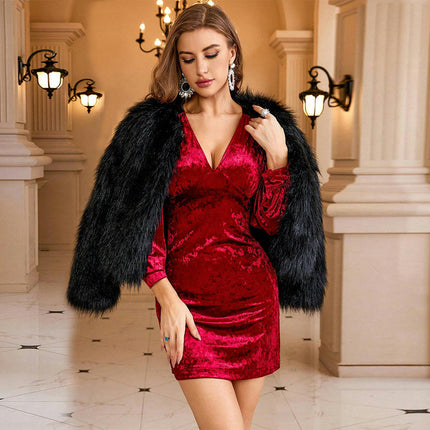 Women's Velvet V Neck Dresses Bodycon Long Sleeve Cocktail Party Mini Dress