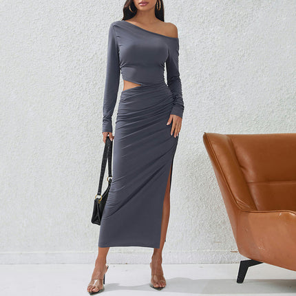 Women's Sexy Off Shoulder Maxi Dress Long Sleeve Bodycon Cut Out Ruched Split Party Dresses