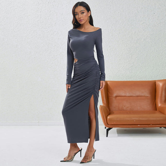 Women's Sexy Off Shoulder Maxi Dress Long Sleeve Bodycon Cut Out Ruched Split Party Dresses