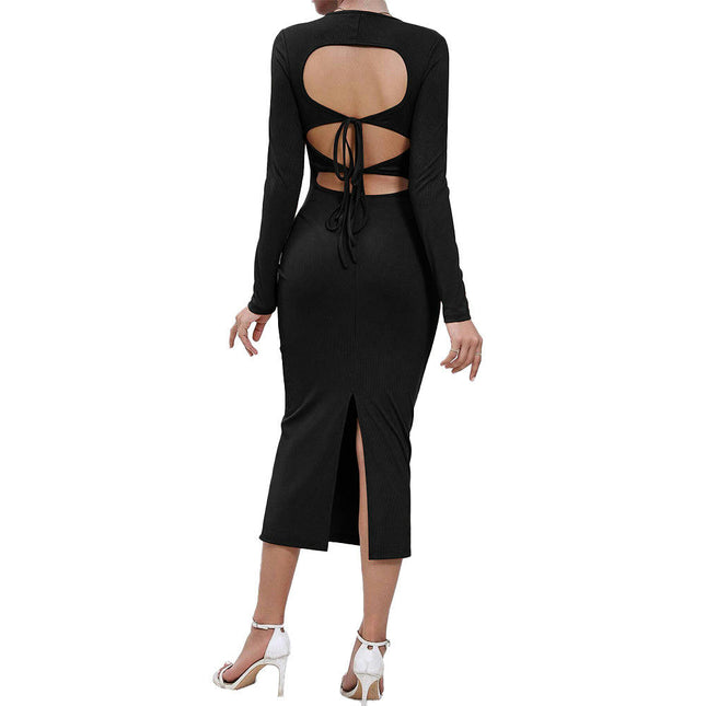 Womens Sexy Backless Tie Split Midi Dress Long Sleeve Bodycon Party Cocktail Dresses