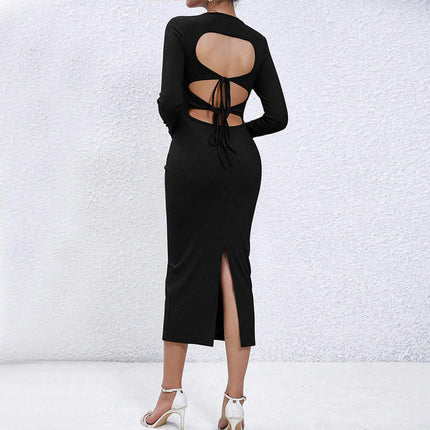 Womens Sexy Backless Tie Split Midi Dress Long Sleeve Bodycon Party Cocktail Dresses