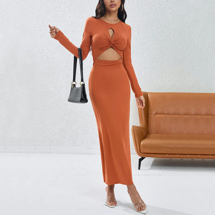 Women Cutout Long Sleeve Crewneck Twist Knot Ruched Bodycon Maxi Dress