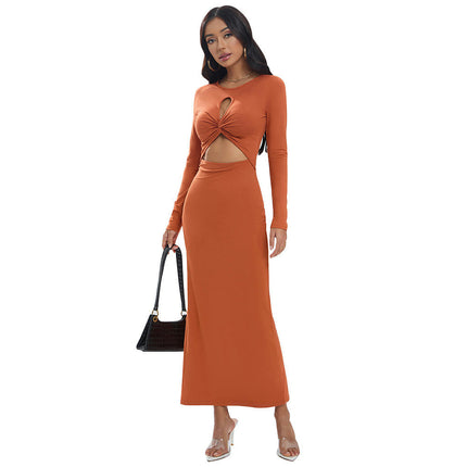 Women Cutout Long Sleeve Crewneck Twist Knot Ruched Bodycon Maxi Dress