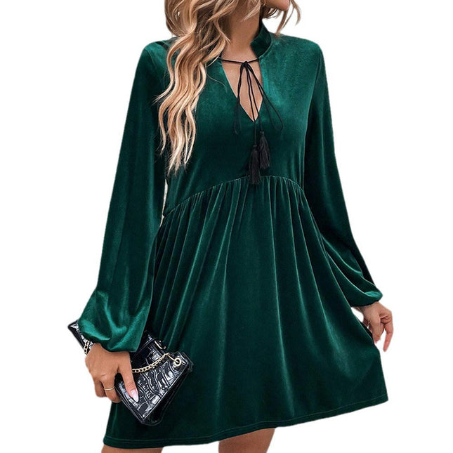 Women's V Neck Velvet Dresses Long Sleeve A-Line Formal Elegant Evening Party Mini Dress