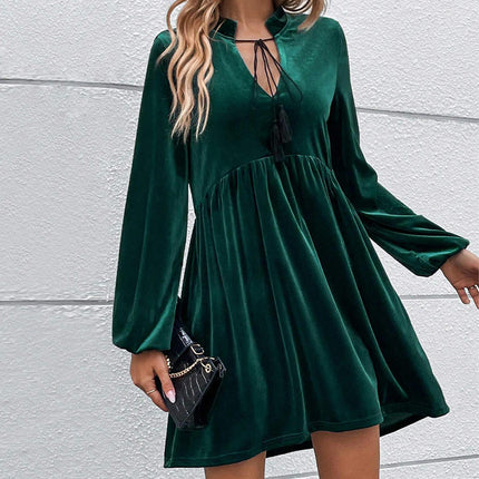 Women's V Neck Velvet Dresses Long Sleeve A-Line Formal Elegant Evening Party Mini Dress