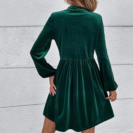 Women's V Neck Velvet Dresses Long Sleeve A-Line Formal Elegant Evening Party Mini Dress