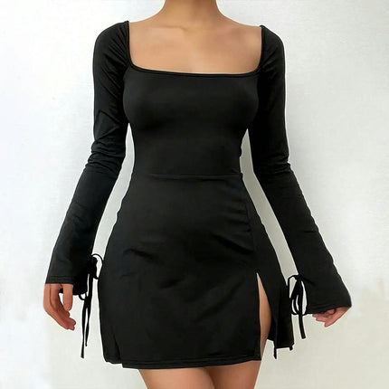 Women's Sexy Bodycon Long Sleeve Square Neck Slit Party Short Mini Dress