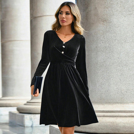 Women's Velvet V Neck Long Sleeve A Line Flowy Elegant Evening Night Mini Dress